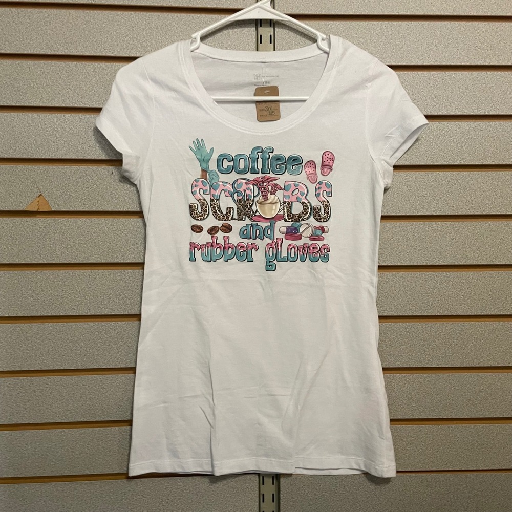 New Womens T Shirt Coffee Scrubs Rubber Gloves Graphic Tee White Size S Nurse